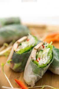 Fresh vietnamese spring rolls, great as an healthy appetizer with peanut butter sauce for dipping.